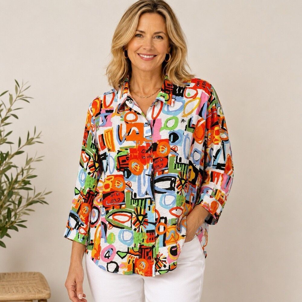 Ali Miles Art to Wear Multicolored Geometric Oversized Blouse Tunic Women Sz 1X